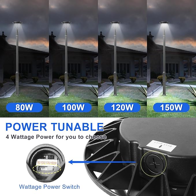 LED Post Top Light with Dusk to Dawn Photocell 80W/100W/120W/150W Wattage Selectable 3000K/4000K/5000K CCT Tunable LED Post Top Outdoor Circular Area Pole Light for Pathway IP65 DLC ETL Listed