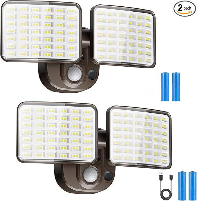 Rechargeable Battery-Powered Motion Light (1-3 Months Endurance) 2500LM Standard &amp 4000LM High-Brightness Dual Modes USB Charging Outdoor LED Flood Light for GarageYardPatioGarden (Brown) 2 P