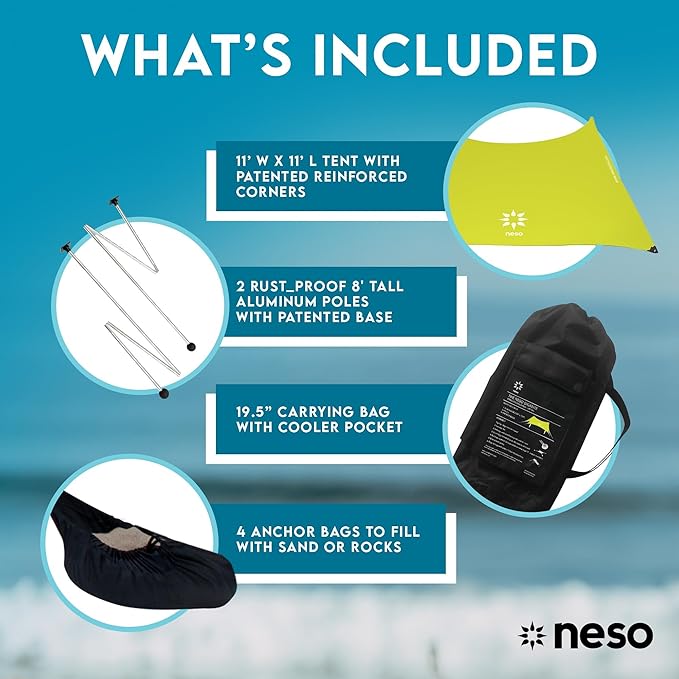 Neso Gigante Portable Beach Tent Sun Shelter - Lightweight Beach Shade Canopy - Easy Setup for Family Outings - Patented Reinforced Corners - UPF 50+ Sun Protection - 8ft Tall 11 x 11ft - Lemon