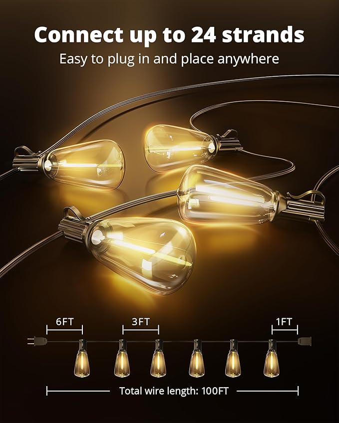 VIPAR LED Outdoor String Lights 100FT Patio Lights with 32 Edison Shatterproof Bulbs IPX5 Waterproof Outside Hanging Light Connectable for Backyard Porch Balcony Garden Deck Decor E12 Base Black