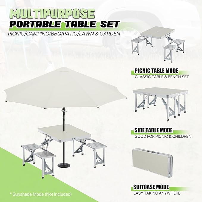 Magshion Folding Picnic Table with 4 Seats Portable Camping Table with Adjustable Height Umbrella Hole Easy Setup for Outdoor Tailgating &amp Travel Silver