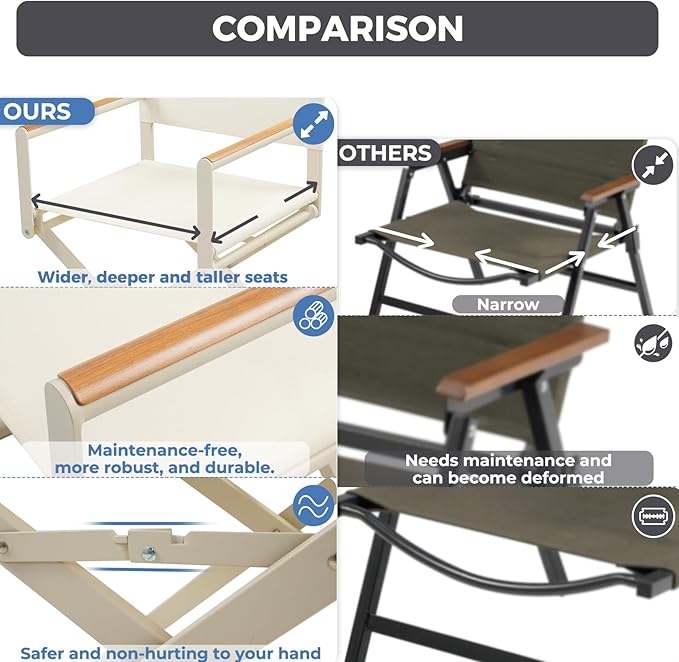 Grand patio Extra-Wide 2-Pack Directors Chairs Folding Dining Chair Set of 2 with Sling and Woodgrain Armrests Outdoor Apricot