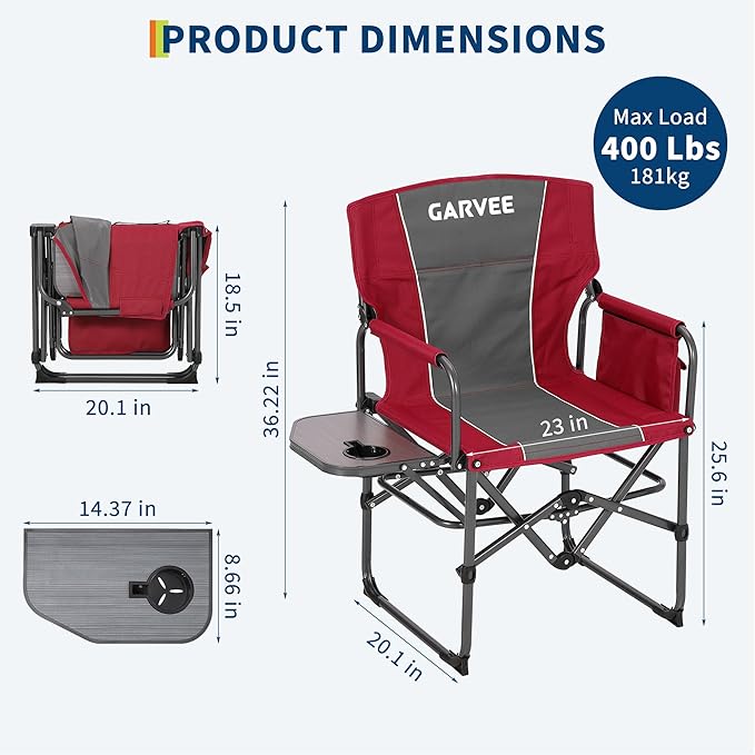 GarveeLife Oversized Directors Camping Chair Portable Folding Chair for Adults Support 400 lbs Heavy Duty Lawn Chair with Side Table for Camping Sports Picnic Beach Fishing (1 PCS Red)