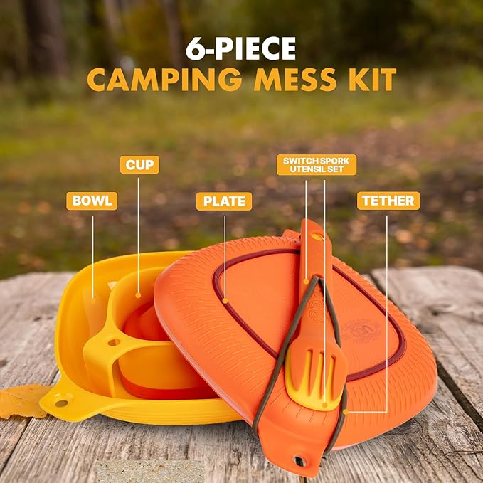 UCO 6-Piece Camping Mess Kit with Bowl Plate Collapsible Cup and Switch Camping Spork