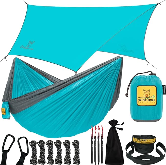 Wise Owl Outfitters Hammock &amp Rain Fly Bundle – Double Camping Hammock with Tree Straps and Waterproof Tarp Lightweight Shelter for Hiking &amp Travel