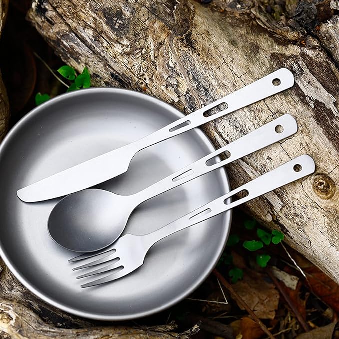 Camping Utensil Set Titanium Fork Spoon Knife 3 Piece Portable Cutlery Set Long Handle Tableware Healthy &amp Eco-Friendly for Travel Picnic Backpacking Outdoors Dishwasher Safe