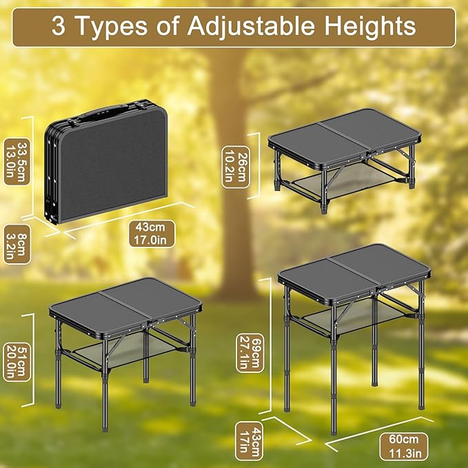 Folding Camping Table 2 FT Folding Portable Camping Table Outdoor&ampIndoor Picnic Table with 3 Adjustable Height Max 27.1Lightweight Aluminum Camping Tables Car Camping Essentials-Pure Black