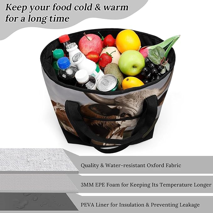 Insulated Shopping BagLarge Reusable Cooler Bags Cow Printed Foldable Shopping BagTravel Waterproof Shoulder Bag