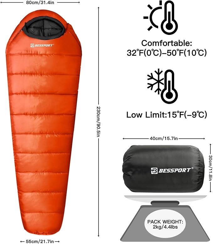 Bessport Mummy Sleeping Bag | 15-45 ℉ Extreme 3-4 Season Sleeping Bag for Adults Cold Weather– Warm and Washable for Hiking Traveling &amp Outdoor Activities