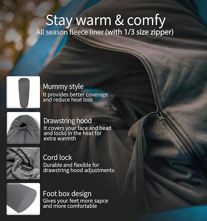 Litume All Season Fleece Sleeping Bag Liner Adds Up to 27°F/ 15°C Lightweight Mummy Sleeping Sack for Cold Weather and Winter Backpacking Camping Traveling with Drawstring Hood and Stuff Sack E629