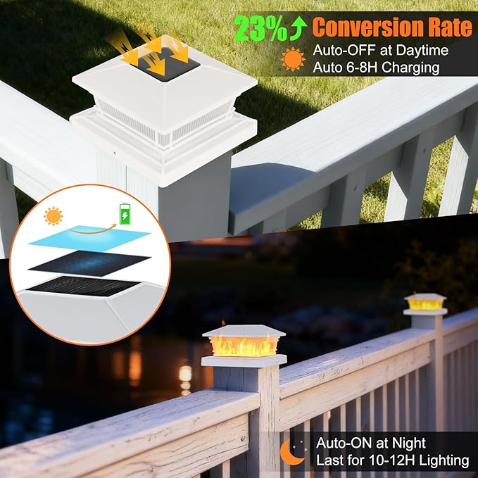 8 Pack Flame Post Solar Lights Flickering Flame &amp Warm Light Solar Lights for Fence Posts Waterproof Deck Post Lights for Porch Garden Yard for 4x4 5x5 6x6 Vinyl/Wooden Posts White