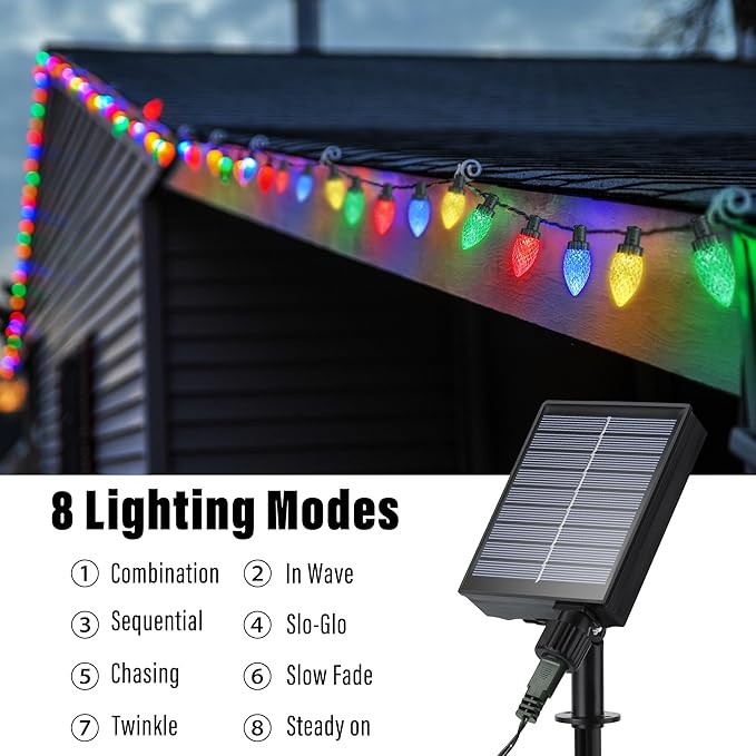iBaycon Solar C9 Christmas Lights Outdoor 65FT 100LED C9 Strawberry String Light 8 Modes Solar Powered Lights String for Xmas Tree House Eaves Roof Christmas Holiday Decorations