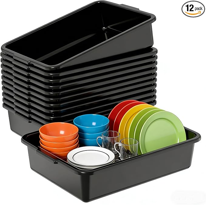 Black Plastic Commercial Bus Tub 13 L Restaurants Bus Box 12 Packs Heavy-Duty for Kitchen Organization