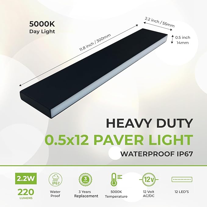 LUMENGY Paver Light Slim 0.5x12 Inch (0.55 x 11.8) 5000K Daylight Glare-Free Steel Lighting for Pavers Brick Driveways Walkways &amp Pathways Waterproof Drive-Over Hardwired 12V AC/DC