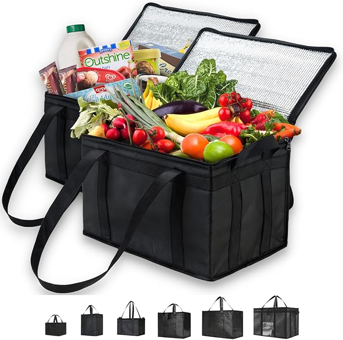 NZ home Insulated Bags for Food Delivery (Large) Grocery Shopping Cooler Bag Pizza Delivery Hot &amp Cold Catering Tote Reusable Foldable &amp Heavy Duty (2 Pack Black)