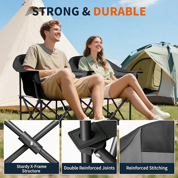 NAIZEA Padded Camping Chair Outdoor Folding Chair Portable Heavy Duty Arm Chairs with Side Pockets Cup Holder for Beach Lawn Picnic Fishing Backpacking