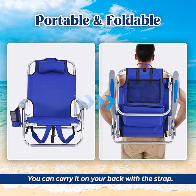 2 Pack Lightweight Portable Camping Beach Chair for Adults Outdoor Lay Flat Folding Beach Chairs with 5 Positions Backpack Beach Chair with Towel Bar Zipper Pouch Cup Holder Blue