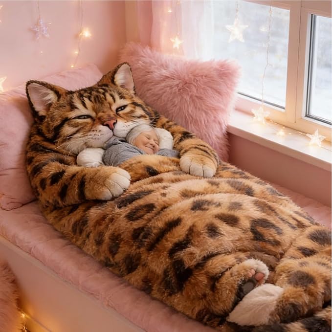 Cat Sleeping Bag for Human | Fluff-y Cat Sleeping Bag for Adults | Adorable Cats Envelope SleepingBags | Washable Warm Blanket for Camping Travel Sleepovers Home Lounging