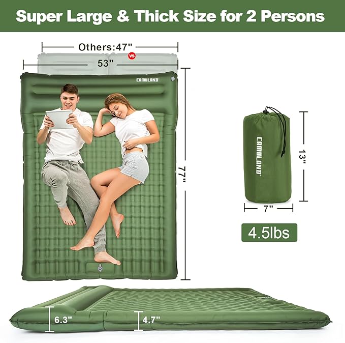 CAMULAND Double Camping Sleeping Pad 4.7 Ultra-Thick Self Inflating 2 Person Inflatable Mat with Built-in Pillow Foot Pump Waterproof for Backpacking Hiking Tent RV TravelOlive Green