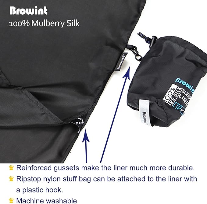 Browint Silk Sleeping Bag Liner Silk Sleep Sack Extra Wide 87x43 Lightweight Travel Sheet for Hotels More Colors for Option Reinforced Gussets