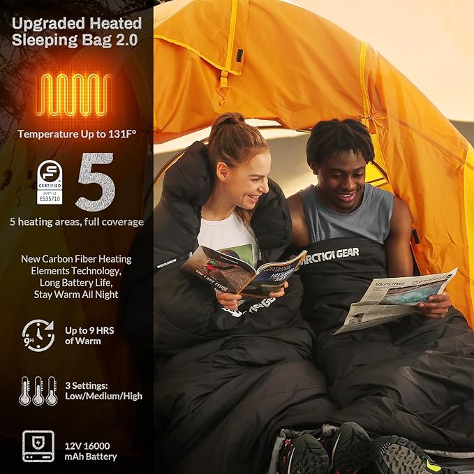 Antarctica Gear Heated Sleeping Bag 5pcs Heating Areas Sleeping Bags with 16000mAh 12V Battery Pack 3 Adjustable Heating Levels Cold Weather Sleeping Bag for All Season Hiking &amp Camping