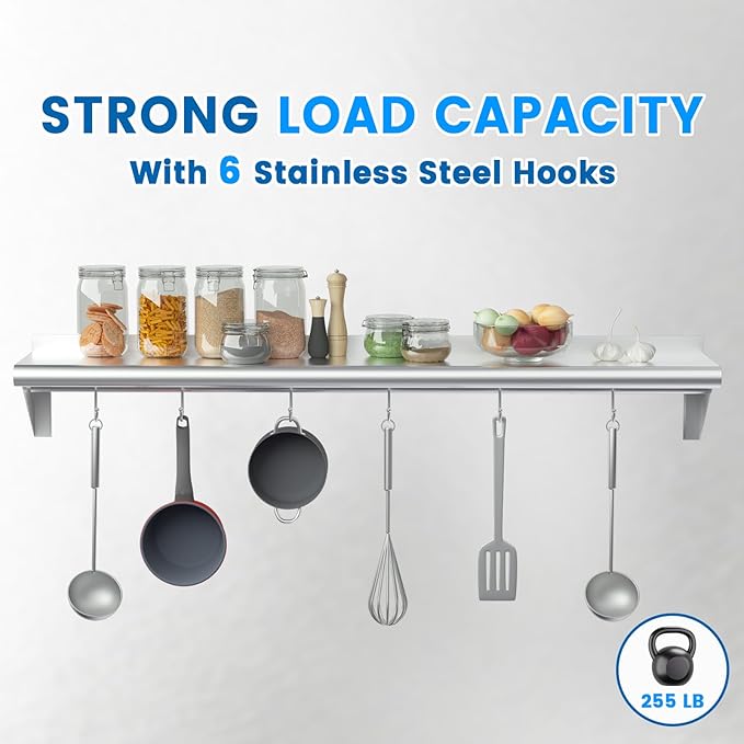 Treshin Stainless Steel Shelf with 6 Hooks 12 x 48 Inches Commercial Wall Mount Floating Shelving Storage Pot Rack for Restaurant Kitchen Home Bar and Hotel
