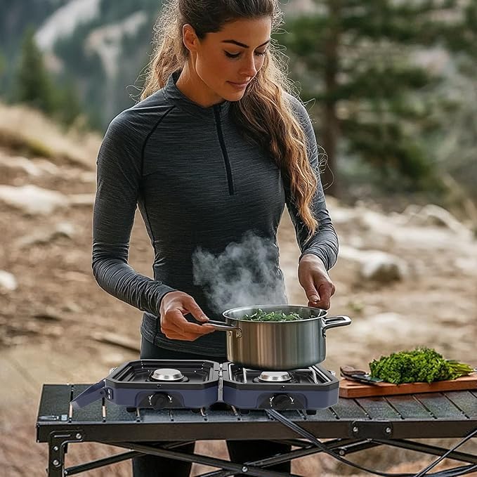 Propane Double Burner Two Burner Camp Stove 16000 BTU Portable Folding Gas Stove for Camping With grill grill pan and carry bag For camping home backyard canning frying turkey (Blue)