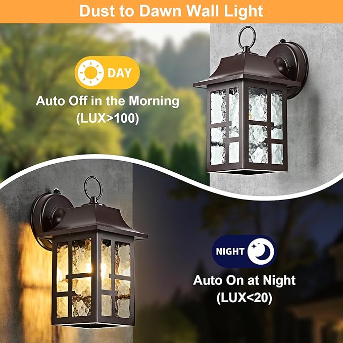 OKELI 2-Pack Dusk to Dawn Exterior Lighting Fixture Farmhouse Outdoor Wall Lights with Ripple Glass Aluminum Porch Light Wall Mount Anti-Rust Outside Wall Sconce for House Garage(Brown)