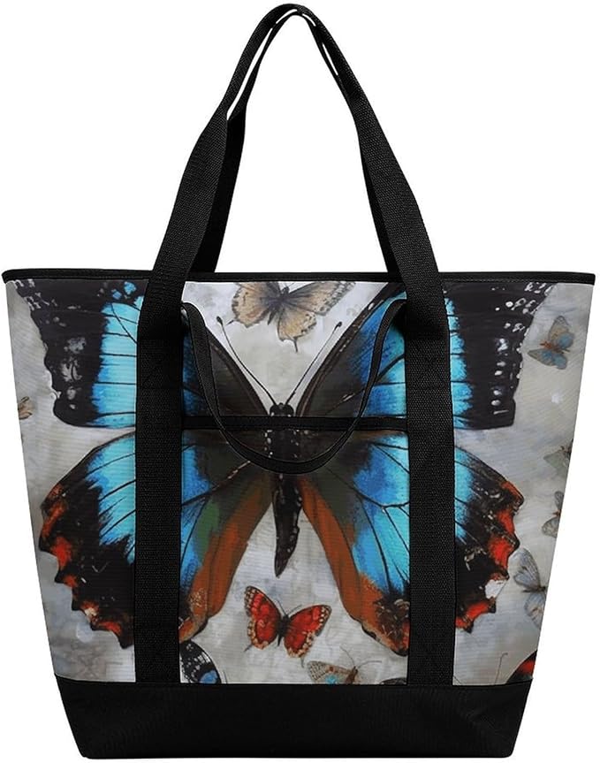 Insulated Shopping BagLarge Reusable Cooler Bags Butterfly Printed Foldable Shopping BagTravel Waterproof Shoulder Bag