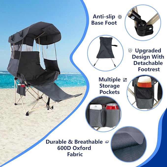 Folding Camping Chairs Canopy Outdoor: Sports Portable Beach Chair with Canopy-Lawn Beach Chairs with Umbrella for Adults-Camping Chair with Shade for Fishing Camp Heavy Duty (Casual Grey)