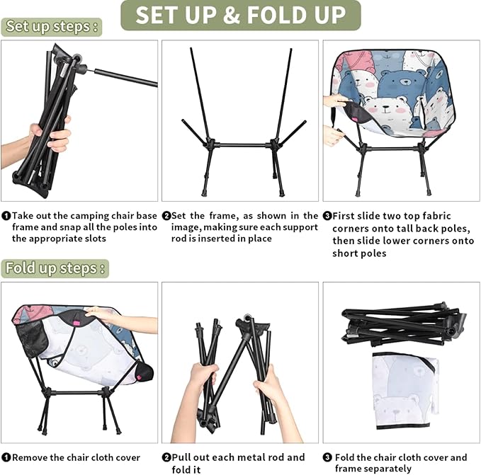 Honeybaby Folding Camping Chair Cartoon Bears Theme Camping Chairs Lightweight Portable Chair Outdoor Foldable Chairs for Camping Travel Picnic Beach Hiking