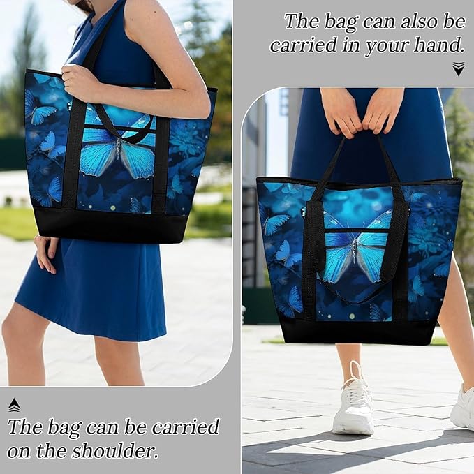 Insulated Shopping BagLarge Reusable Cooler Bags Blue Beautful Butterfly Printed Foldable Shopping BagTravel Waterproof Shoulder Bag