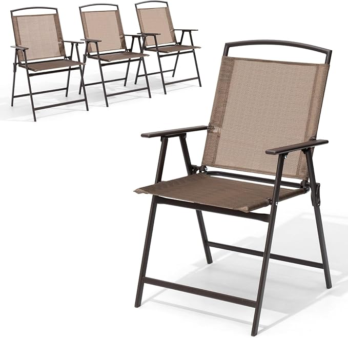 Crestlive Products Set of 4 Patio Folding Chairs 4-Pack Dining Chairs Outdoor Portable Sling with Armrest for Camping Beach Garden Pool Backyard Deck (Brown)