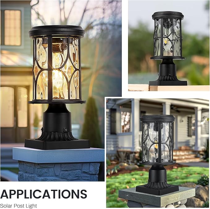 zeyu Outdoor Solar Column Light with Pier Mount Exterior Post Lighting Fixture with Remote Die-Cast Aluminum with Water Ripple Glass Shade Black Finish ZX48P-WG SL BK