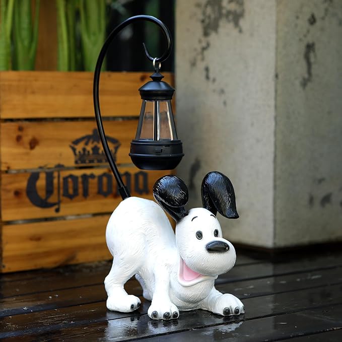 Laughing Dog Figurine with Solar-Powered LED Light 15.9 Inch Tall Perfect for Gift Garden Decor or Housewarming for Dog Lovers White