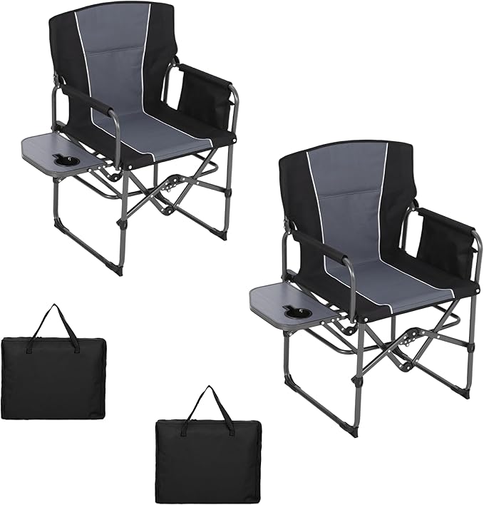 2 Pack Oversized Camping Directors Chair Portable Folding Lawn Chairs for Adults with Side Table and Storage PouchPocket for Beach Fishing PicnicConcertTailgating Heavy Duty Supports 330LBS