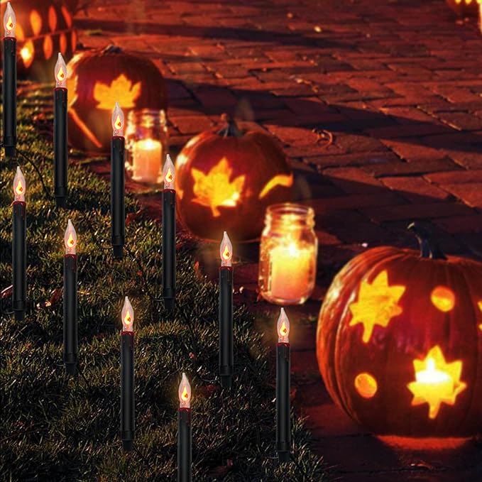 SUNSGNE Halloween Pathway Marker String Lights - 19.5Ft Outdoor Walkway Lights with 10 Black Blood Tears Candle Light Stakes for Lawn Yard Sidewalk Garden Decoration