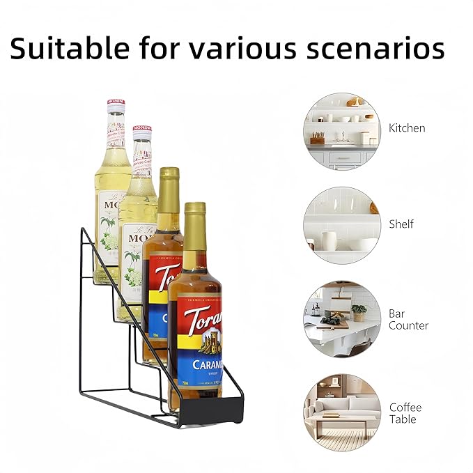 Coffee Syrup Rack &amp Syrup Holder – Loved by 5000+ Coffee Fans! Stepped Rustproof Rack Fits 750ml Torani &amp Monin Bottles Elevate Coffee Bars Kitchens Pubs Restaurants &amp Parties (4 Bot