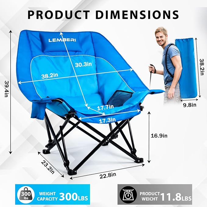 Outdoor Oversized Camping Chair Heavy Duty Support 500 LBS for Adults Portable Folding Wide Lawn Chair with Headrest Support and Cup Holder Low Camping Chair for Fishing Garden Blue