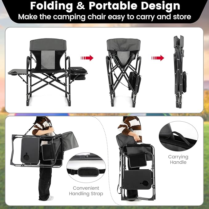 Tangkula Camping Chairs Folding Camp Chair with Side Table Cooler Bag Portable Outside Padded Lawn Chair for Travel Picnic Fishing Heavy Duty Oversized Director Chair for Adults Supports 400lbs