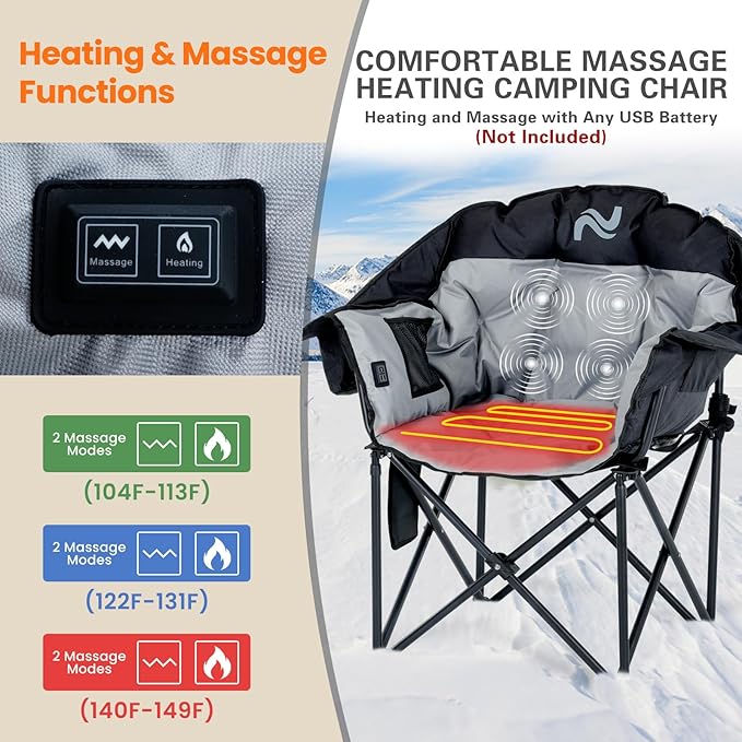 NAIZEA Heated Massage Camping ChairsHeated Outdoor Chair w/3 Heating Mode XL Oversized Heated Chair for Adults Heavy Duty Folding Camping Chairs for CampFishing Sports EventsNOT Included Battery