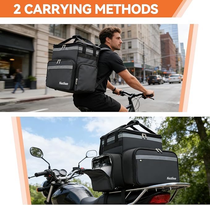 Food Delivery Backpack with 4 Expandable Cup HoldersInsulated Food Delivery Bags for Takeout Bike Expandable Large Pizza Takeout Bag for Hot/Cold Fits for Uber EatCamping (500D tarpaulin)