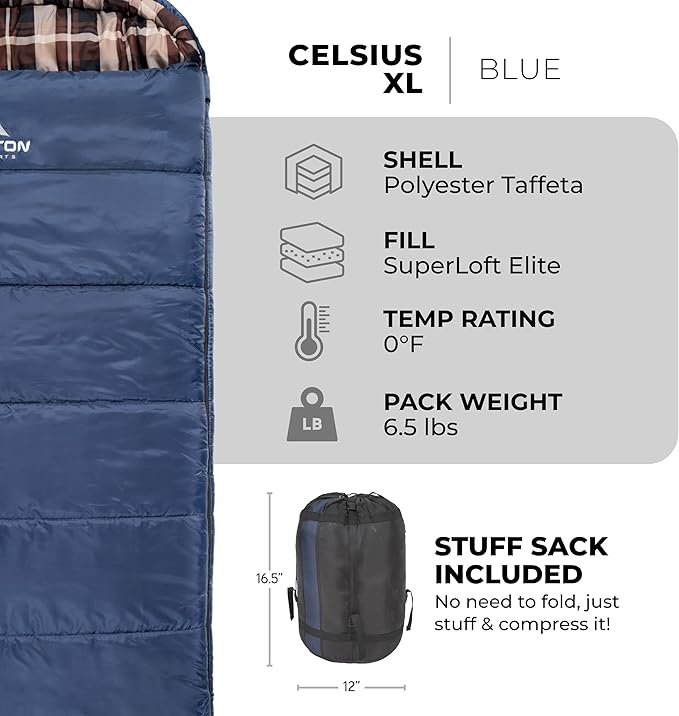 Teton Celsius XL 25F 20F 0F Degree Sleeping Bags All Weather Warm Sleeping Bag for Adults and Kids Camping Season Compression Sack Included