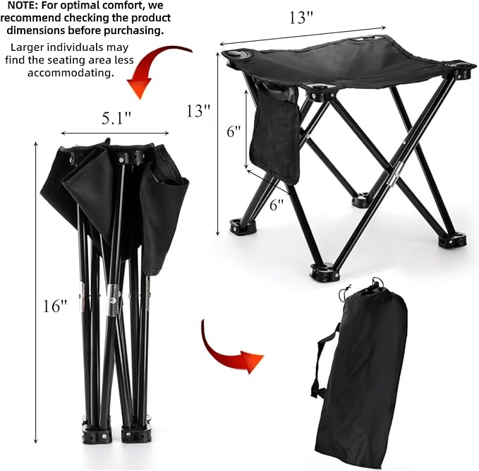 2 Pack Camping Stool 13 Inch Compact Camping Chair Portable Lightweight Folding Stool Seat with Side Pocket and Carry Bag for Outdoor Hiking Fishing Picnic Beach and Lawn Party Black