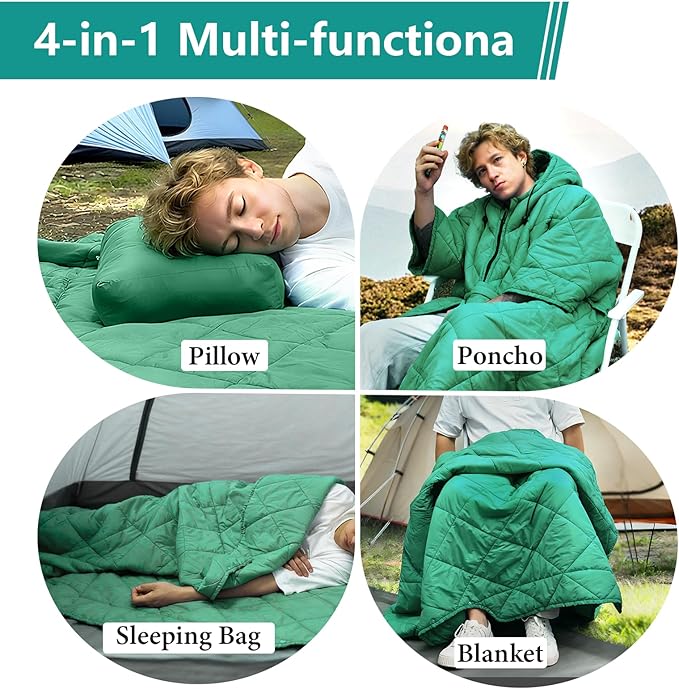 Camping Outdoor Blanket Ultralight Down Alternative Printed Travel Camp Blankets for Sleeping Packable Waterproof Puffy Quilt for Hammock Picnic Stadium Beach Cold Weather (Green Blanket Poncho)