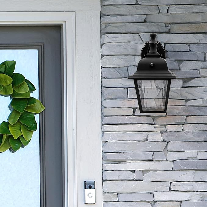 Maxxima LED Porch Lantern Outdoor Wall Light Fixture - Black Clear Water Glass Photocell Sensor 875 Lumens 3000K Warm White Dusk to Dawn Light Sensor Exterior Decorative Light