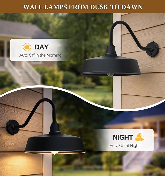 18 Inch Large Dusk to Dawn Outdoor Gooseneck Barn Lights Classic Black Farmhouse Barn Porch Lights for Garages Shops Outdoor Sconces.