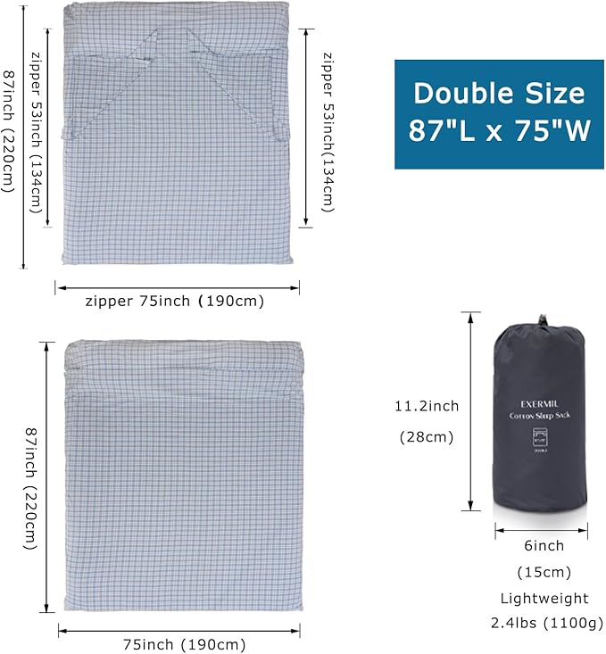 100% Cotton Sleeping Bag Liner with Full Length Zipper on 3 Sides Single/Double Adult Sleep Sack for Travel &amp Camping Multifunctional Travel Sheets (Unzipped 87”x87”) for Hotel Lightweight