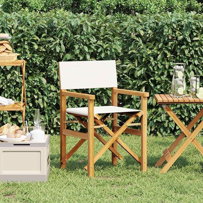 Folding Director Chair Cream Solid Teak Wood Frame 21.5 x 22.4 x 33.5 in Portable Outdoor Seat for Patio Camping Balcony Garden Dining and Living Room