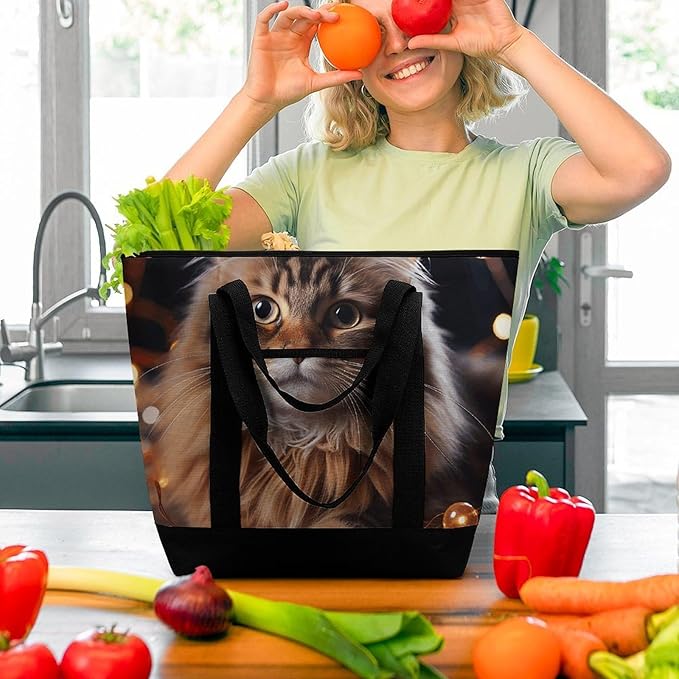 Insulated Shopping BagLarge Reusable Cooler Bags Cat Hanging Christmas Lights Printed Foldable Shopping BagTravel Waterproof Shoulder Bag